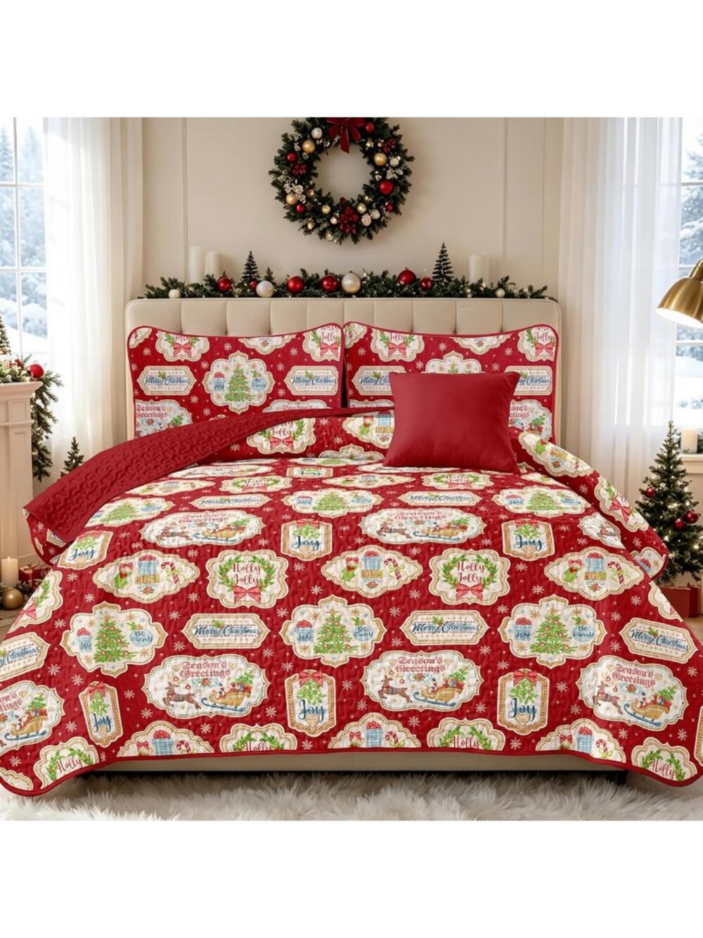 Christmas Queen Quilt Set, Red Xmas Themd Bedspread 3 Piece
